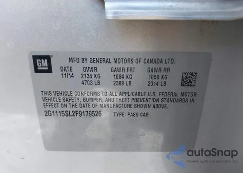 2015 Chevrolet Impala 1Lt z USA, uszkodzony, nr VIN 2G1115SL2F9179526